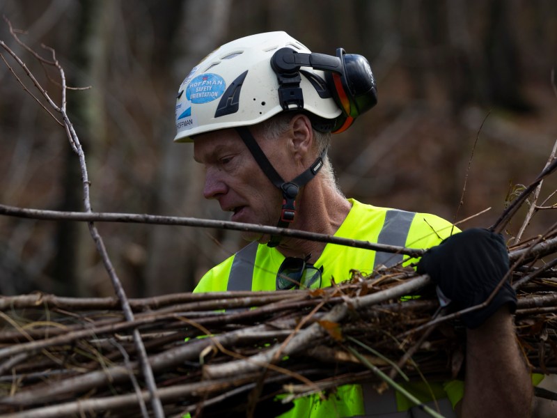 A man wearing a white helmet and a neon yellow shirt holds a bundle of sticks with his black-gloved hand and against his shoulder