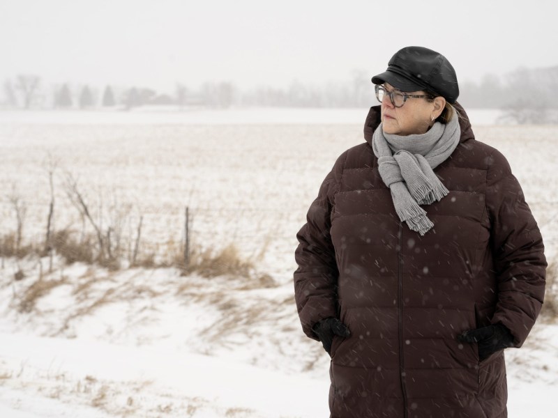 A person wearing a winter coat, scarf, hat, and gloves with hands in pockets stands in falling snow beside a field and fence, looking off to the side.