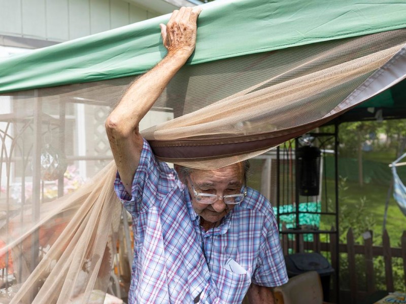 A person lifts a mesh canopy panel with one hand while standing under a green outdoor shelter in a yard.