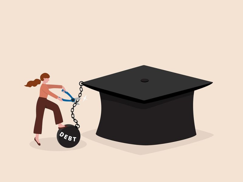 An illustration shows a person using bolt cutters to break a chain linking a ball labeled “DEBT” to an oversized graduation cap on a light background.