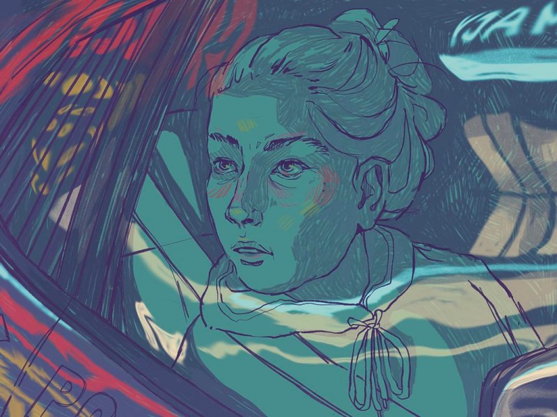 Illustration of woman in police car