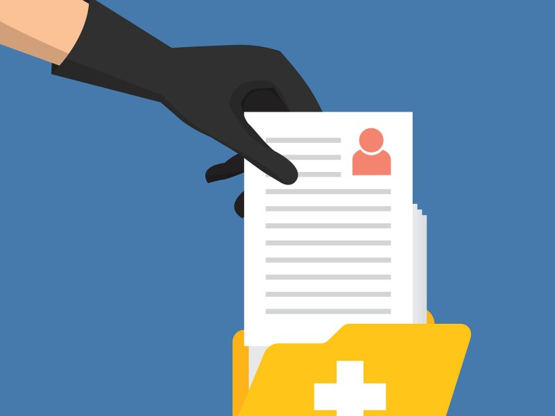 An illustration shows a gloved hand placing a document with lines and a profile icon into a yellow folder marked with a white cross.