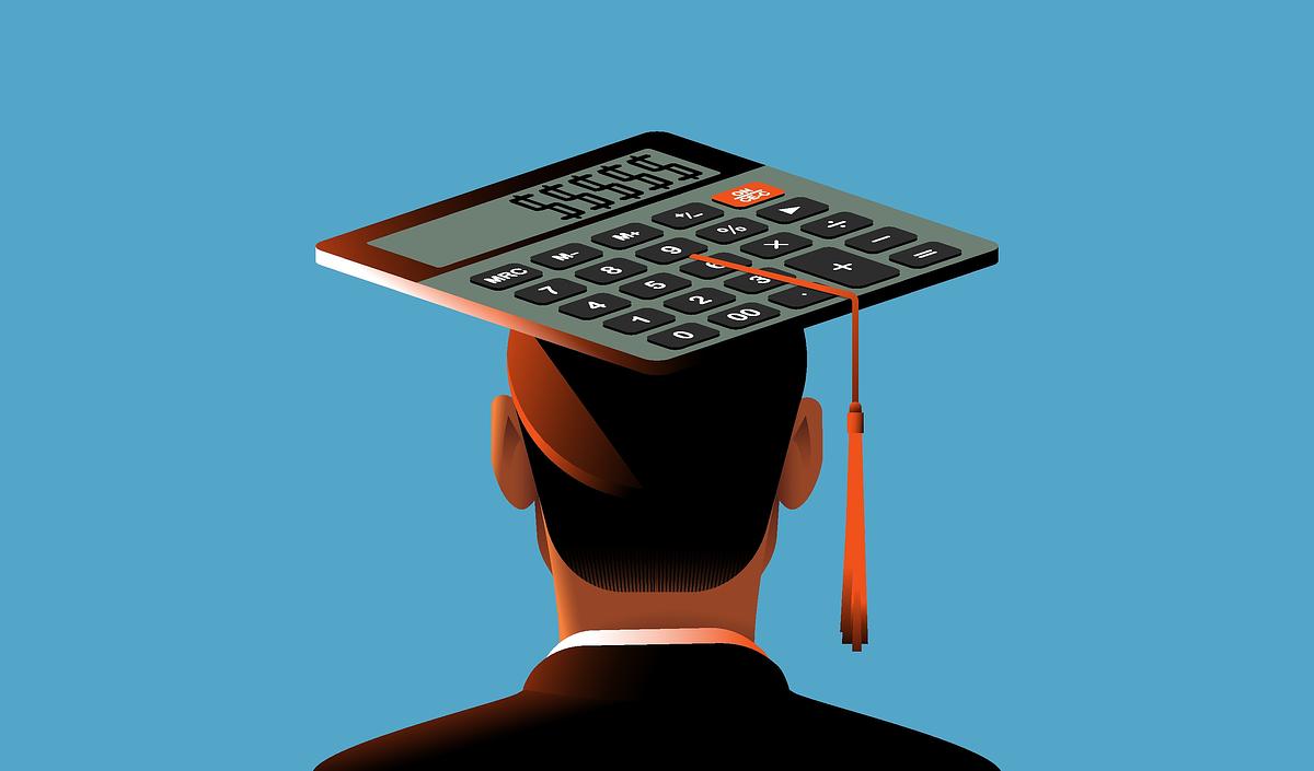 An illustrated person is shown from behind wearing a calculator shaped like a graduation cap, with a tassel hanging to one side against a blue background.