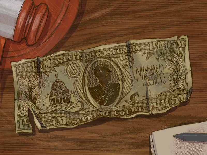 A crumpled illustrated bill on a wooden surface shows a dome building, a central figure holding a gavel and text including “STATE OF WISCONSIN,” “SUPREME COURT” and “144.5M”