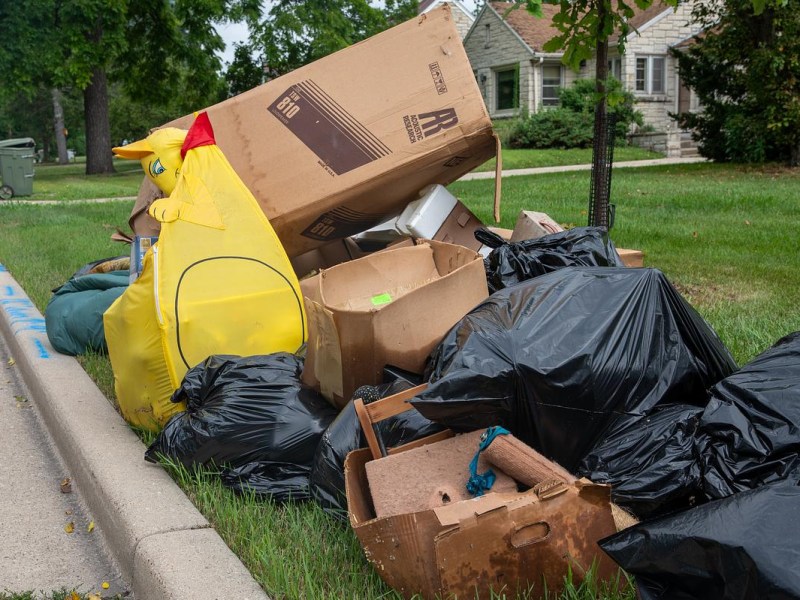 Garbage on grass next to curb
