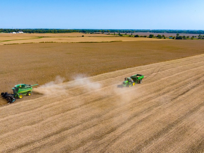 Two green harvesting machines move across a large tan field, leaving parallel rows and dust clouds, with patchwork farmland and trees on the horizon.