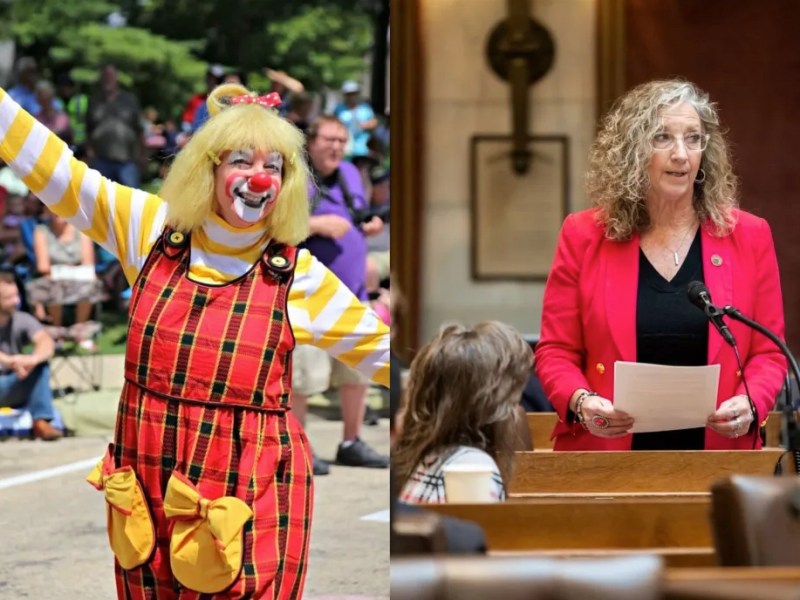 Combo photo of clown on left and woman talking by microphone