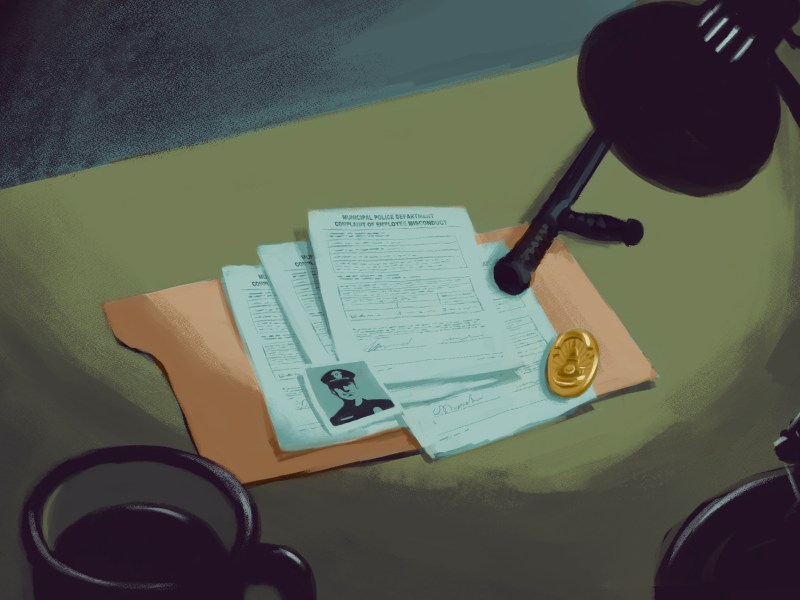 Illustration of police papers, a badge, a mug and other items on a table