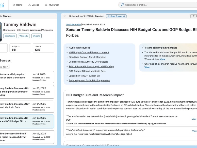 Screenshot of Parser Gigafact page for U.S. Sen. Tammy Baldwin
