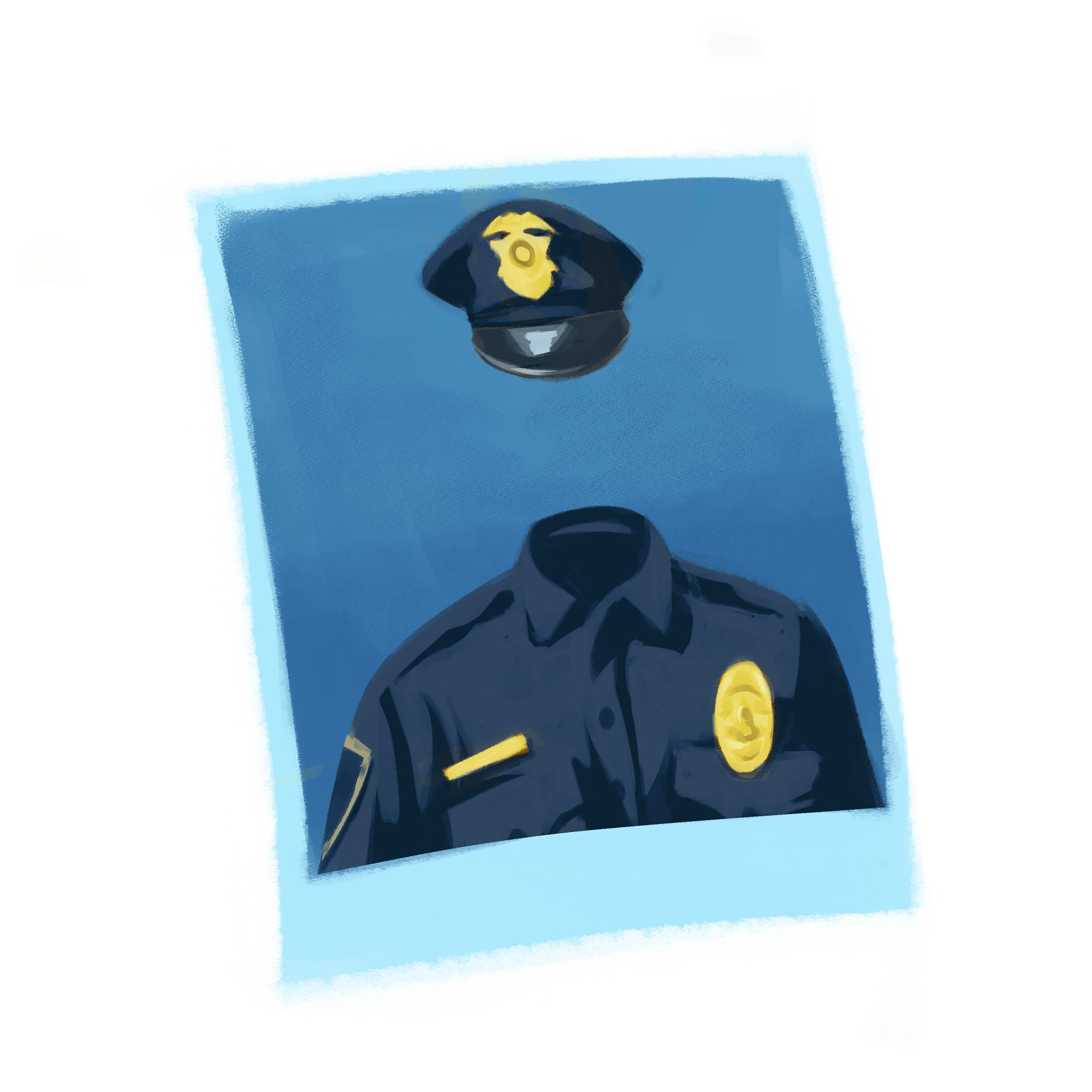 An illustration shows a police uniform and a hat suspended above it, framed like a photograph against a dark blue background.