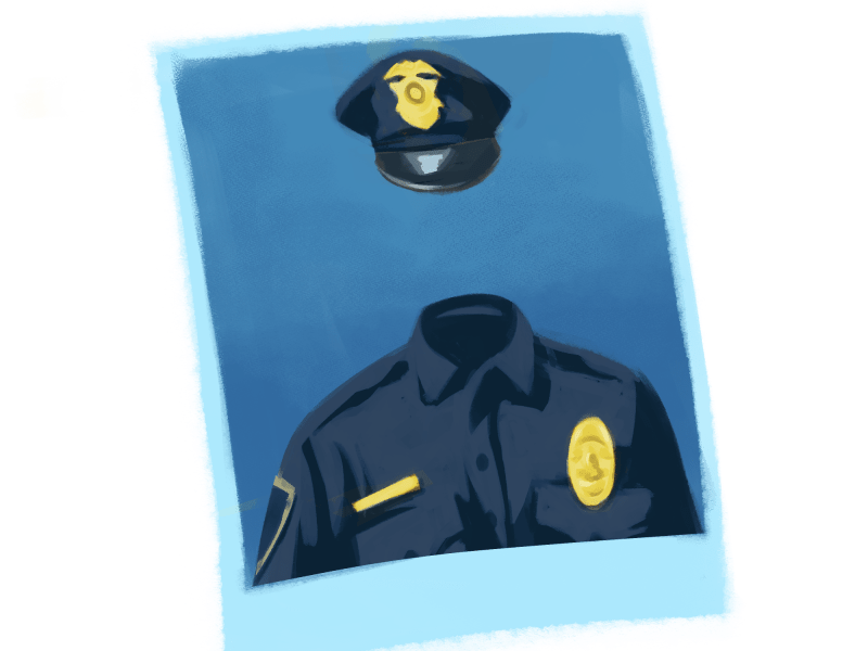 An illustration shows a police uniform and a hat suspended above it, framed like a photograph against a dark blue background.