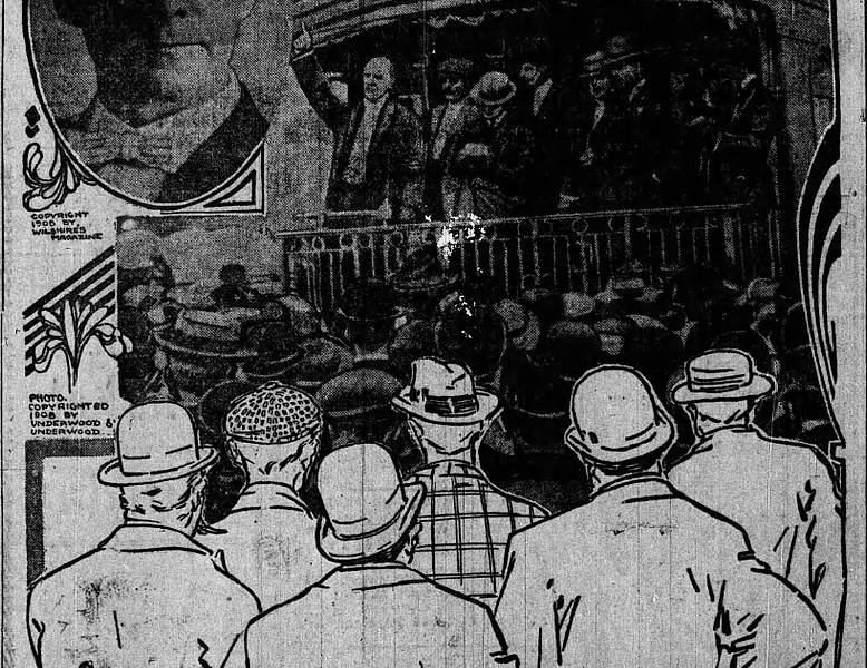 An illustration shows people standing and facing a train car platform where several figures are visible above them, with “EUGENE V. DEBS ON BOARD ‘RED SPECIAL’ IN TRANSCONTINENTAL SPEAKING TOUR” printed at the top