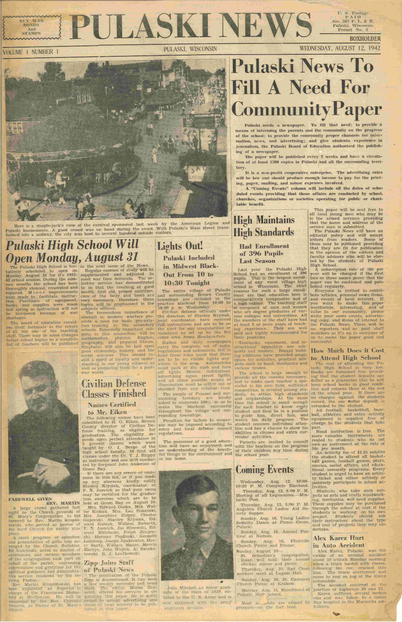 Front page of a vintage newspaper titled “Pulaski News,” dated August 12, 1942, with articles, two portrait photos, and a large image showing a crowded street carnival on Pulaski’s Main Street
